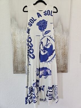 Farm Rio White Rainha Das Aguas Tee Shirt Dress Organic Cotton Small